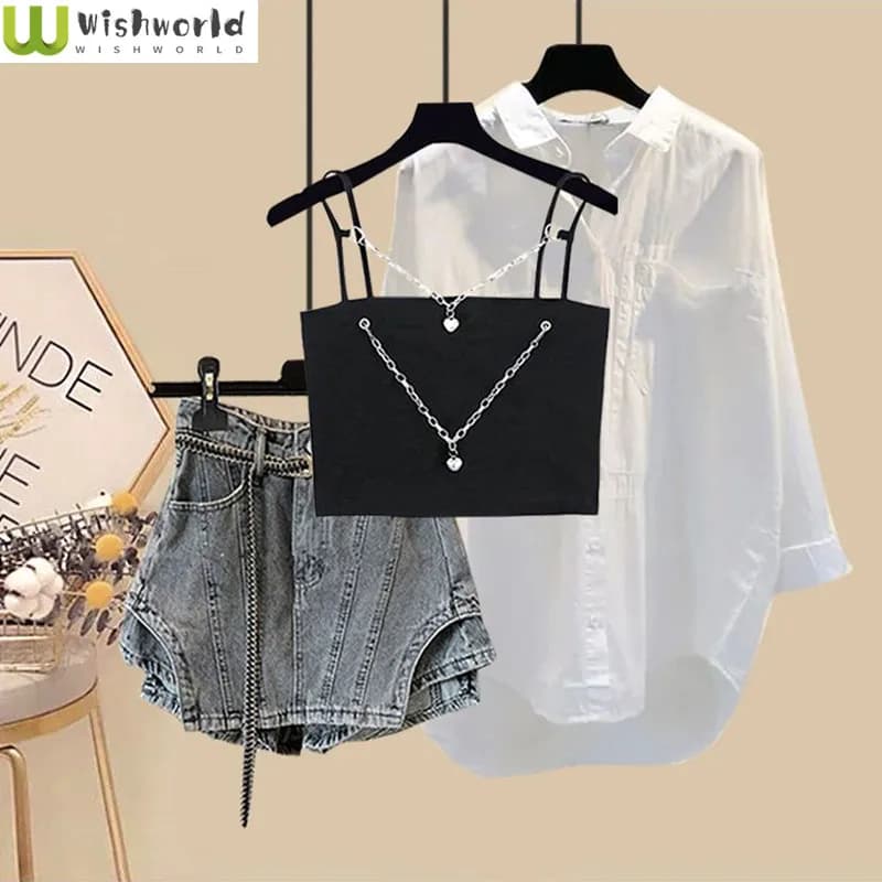 Set estivo donna 2024 nuova moda coreana camicia Casual ragazza piccante canotta Jeans dimagranti gonna Set tre pezzi
