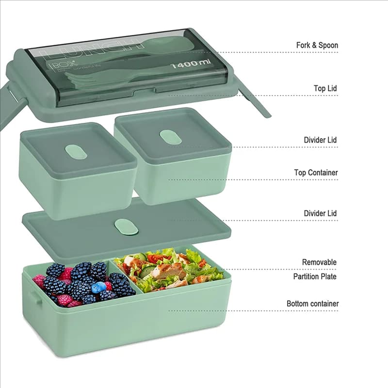 ABXF-2X Kit Bento Box, Bento Box per adulti da 47,35 OZ, Lunch Box Bento a 3 scomparti, Contenitori per la preparazione dei pasti Verde