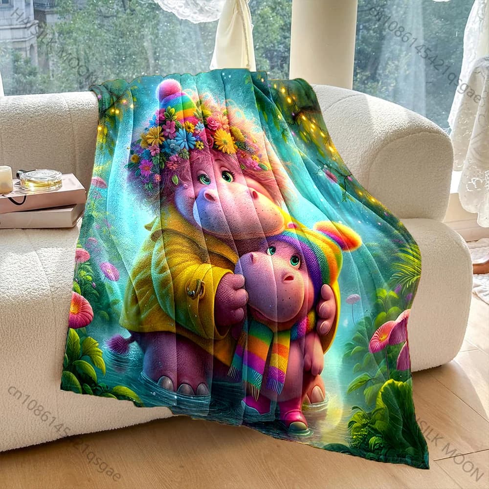 Cartone animato Ippopotamo Amore materno Coperta Materiale di flanella Morbido caldo per tutte le stagioni, Casa da campeggio all'aperto Picnic Regali di lusso
