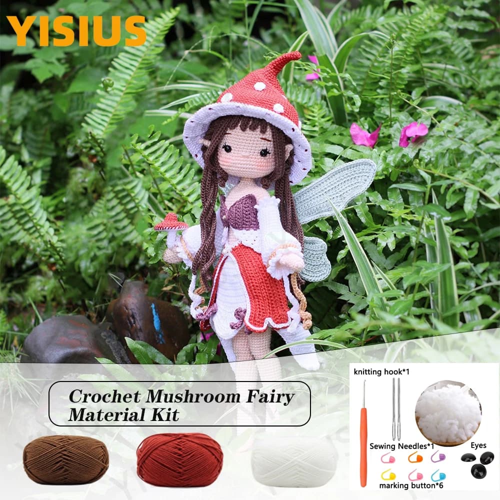 Kit di materiali per uncinetto con gancio fai-da-te per bambola da fata per ragazza Amigurumi lavorata a mano, modello di fata dei funghi in regalo artigianale per ragazze inglesi