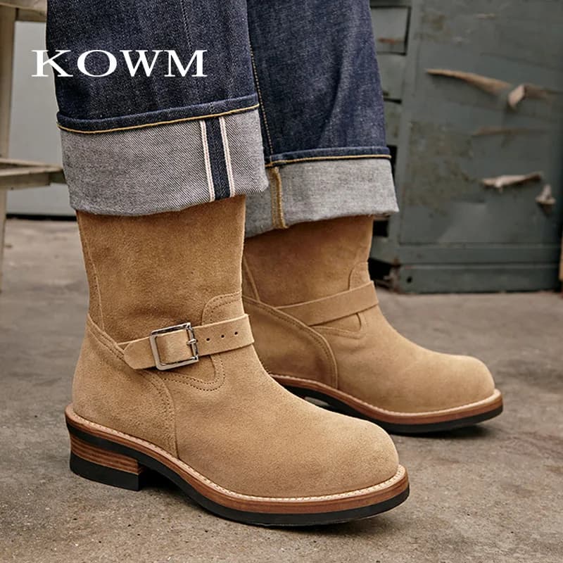 KOWM Cowhide Hiking shoes trekking boots men Engineer's boots workwear goodyear shoes trendy ankle walking motorcycle shoes
