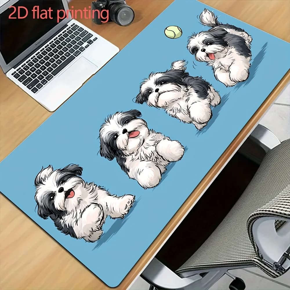 Tappetino per mouse con simpatico Shih Tzu e pallina da tennis, tappetino da scrivania grande per gaming, tappetino per tastiera con superficie liscia