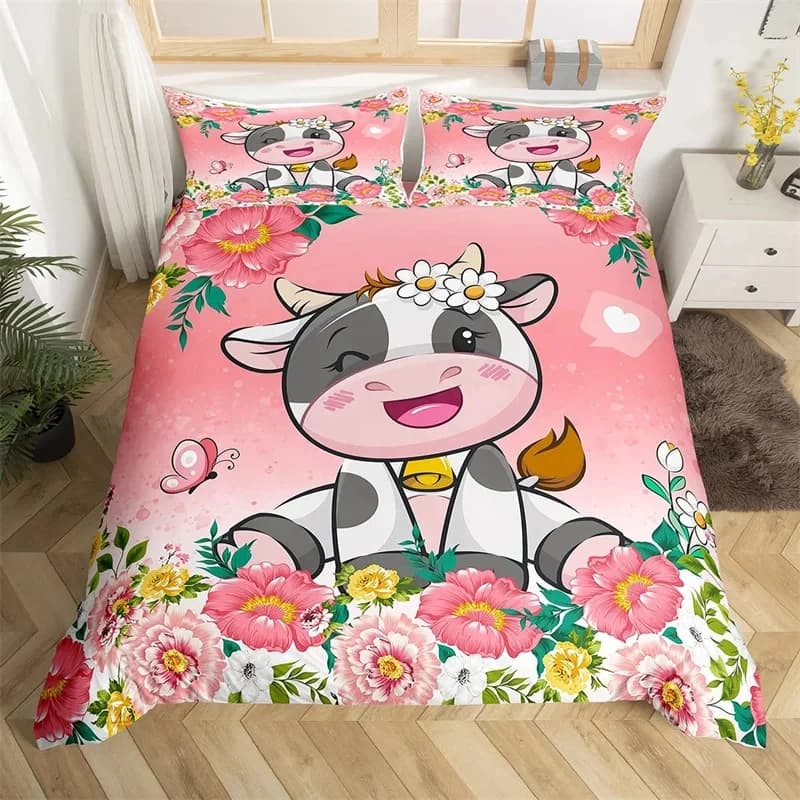 Set baby blanket with cartoon animals Set duvet cover with animals of the zoo milk cow Set pink floral bedding in microfiber Single for girls and boys