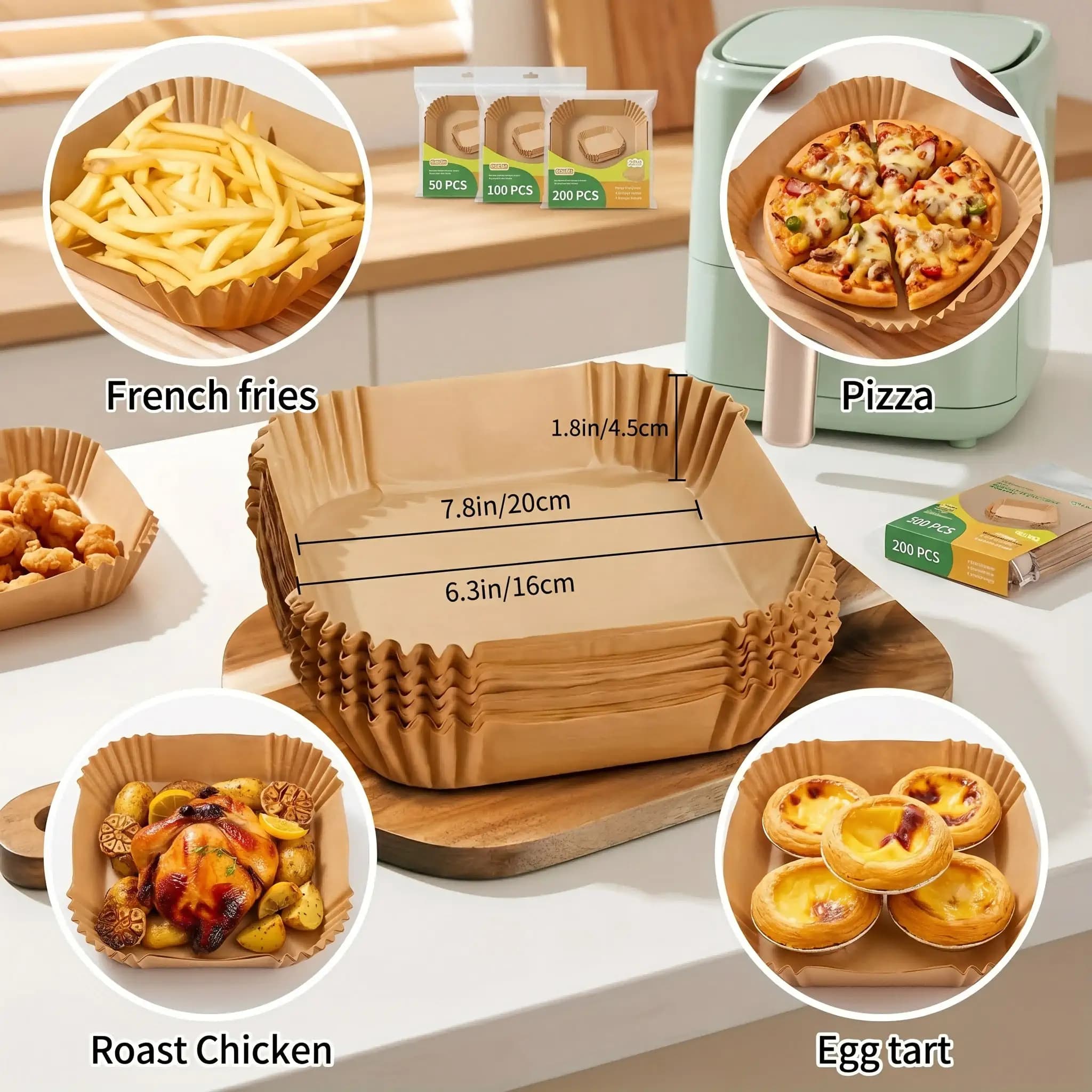 100 fogli di carta da forno per friggitrice ad aria - Fogli quadrati antiaderenti da 16*16 cm per friggitrice ad olio da 5-8 litri, forno e microonde