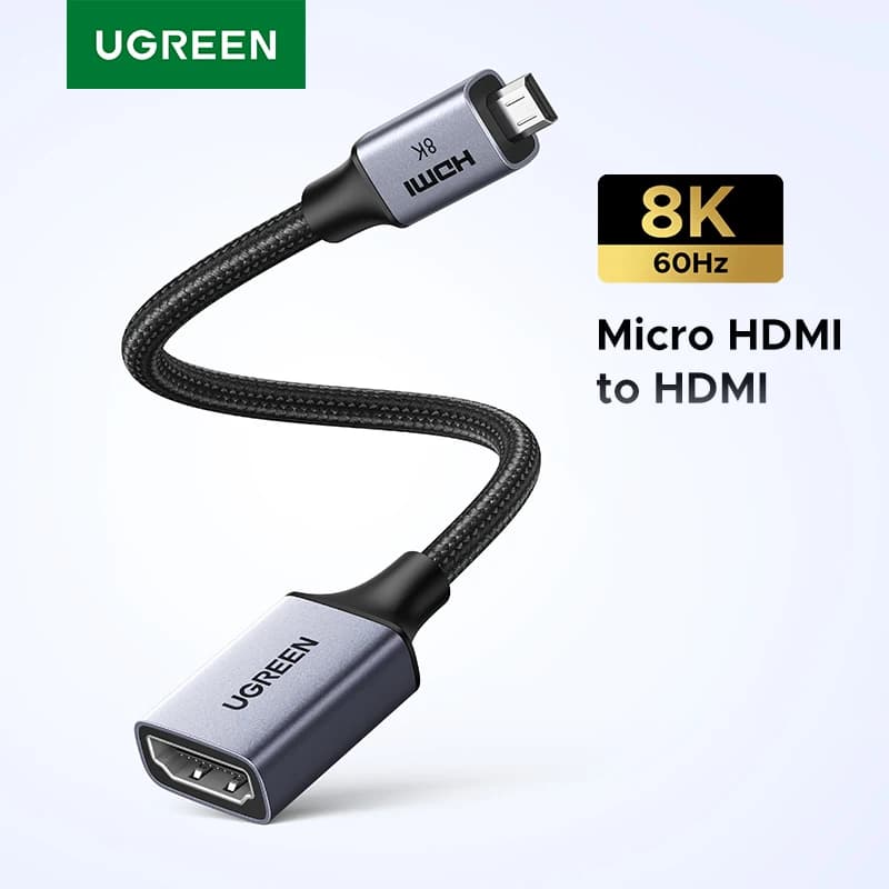 UGREEN Micro HDMI-Compatible with HDMI Adapter 4K/60Hz 3D for GoPro Hero 7 Raspberry Pi 4 Sony Nikon Braided Cable 4K