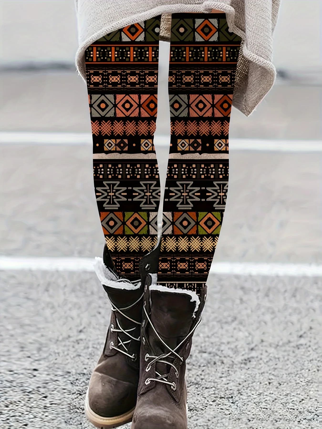 Leggings da donna con stampa geometrica tribale vintage, pantaloni casual elasticizzati stile azteco