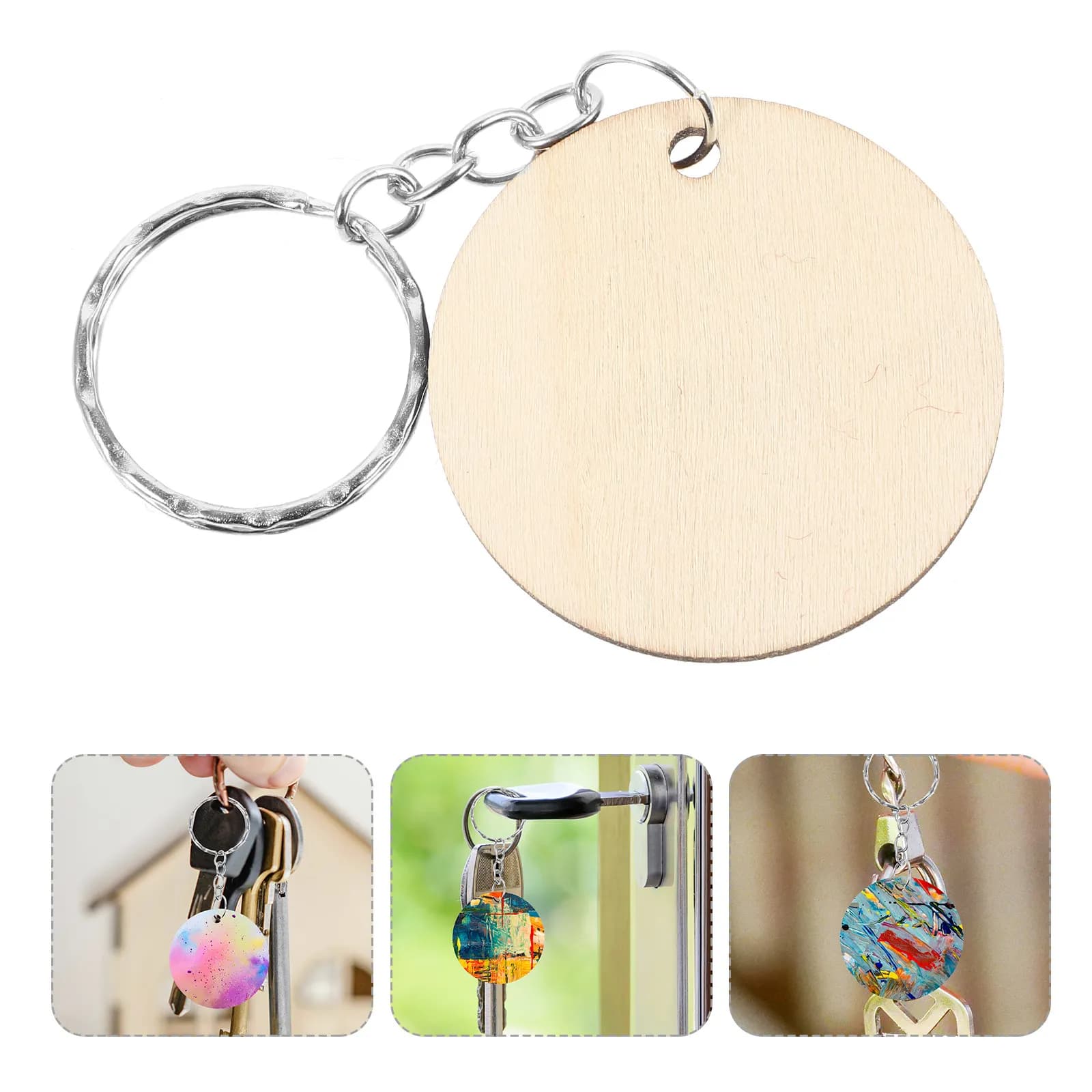 1Set Wooden Keychain Blanks for DIY Craft Projects Unfinished Wood Key Ring with Metal Home Car Office Keys Backpack