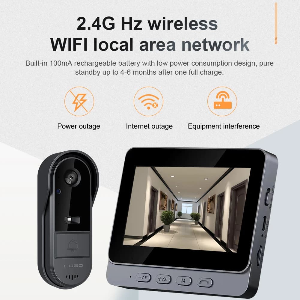 Videocitofono WiFi 2.4G con Telecamera, Schermo IPS da 4.3 Pollici, Campanello HD con Visione Notturna IR, Impermeabile per Casa, Ufficio, Appartamento
