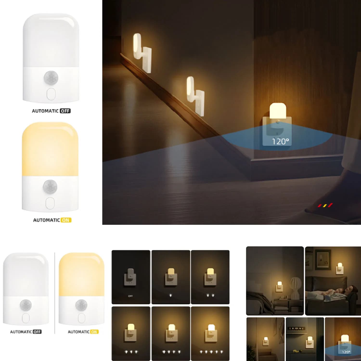 Luce Notturna da Presa con Sensore di Movimento, Lampada da Notte per Bambini con 5 Livelli di Luminosità Regolabile, Lampada da Presa per la Cameretta dei Bambini