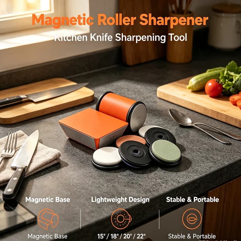 Four‑Speed Mode Manual Rolling Knife Sharpener, Orange Angle Design Grinding Stone Kit Kitchen Blade Sharpening Gadget
