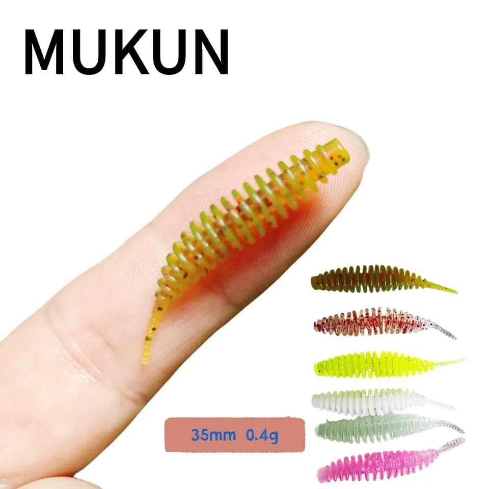 MUKUN 10PCS Pesca morbida trota richiamo esca in silicone Wobbler Swimbait Pesca esche artificiali a vite senza fine 35mm 0.4g per trota