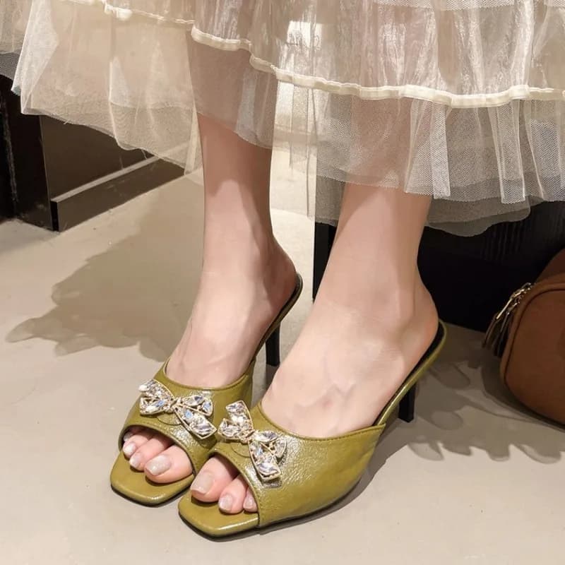 Sandali Estivi con Tacco Alto per Donne, Decorazione con Fiocco di Cristallo, Scarpe Sexy da Festa