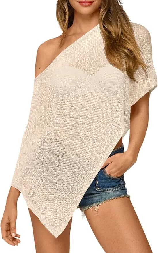 Fisoew Poncho trasparente da donna Top in maglia leggera Bolero Coprispalle in rete con spalle scoperte Y2K Copricostume da spiaggia per uscire