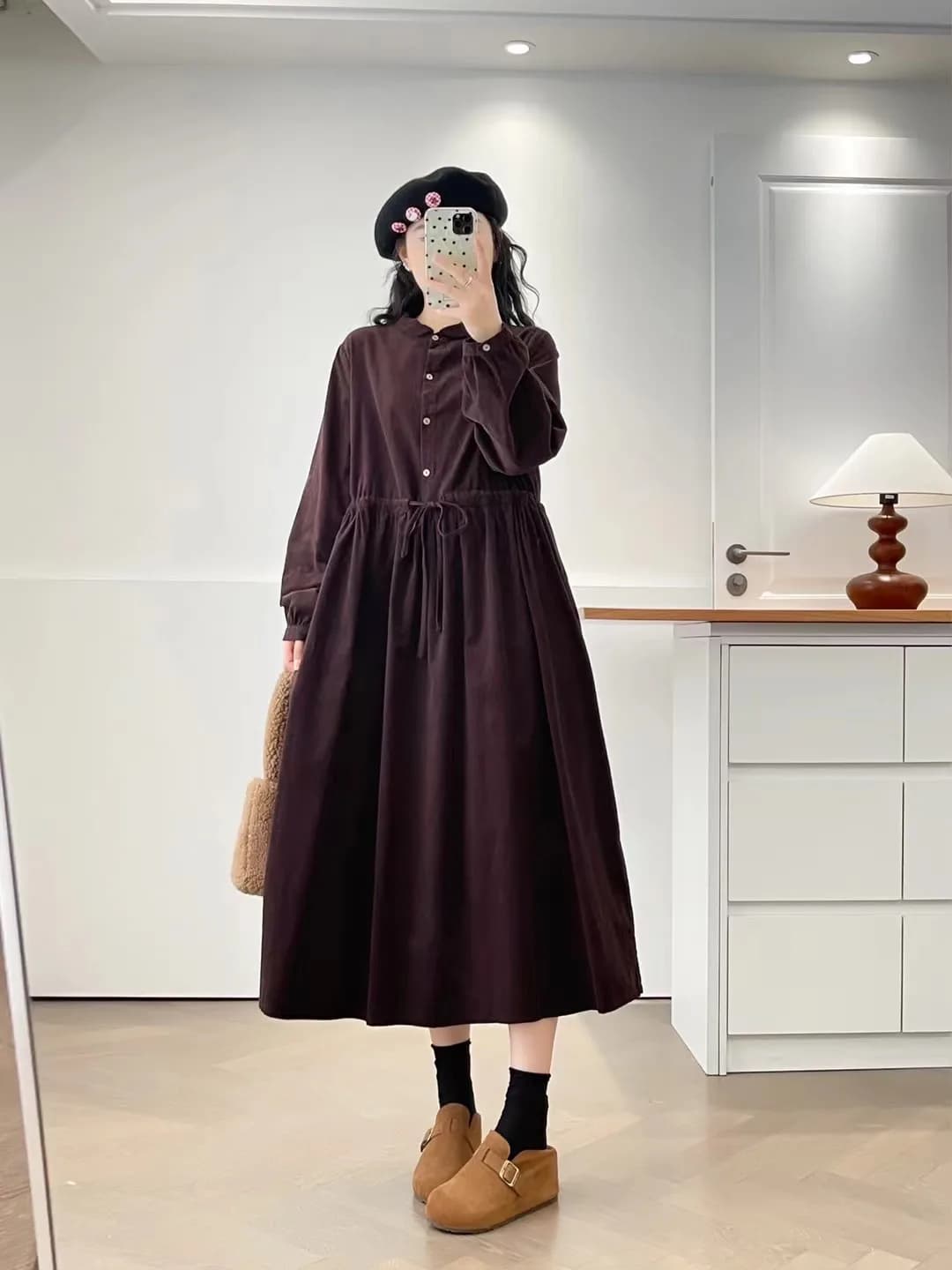 Abito Lungo e Ampio con Maniche Lunghe, Stile Giapponese, Colletto Baby Doll, Motivo a Righe, Vita Stretta con Cintura, Lunghezza a Terra, Moda Femminile