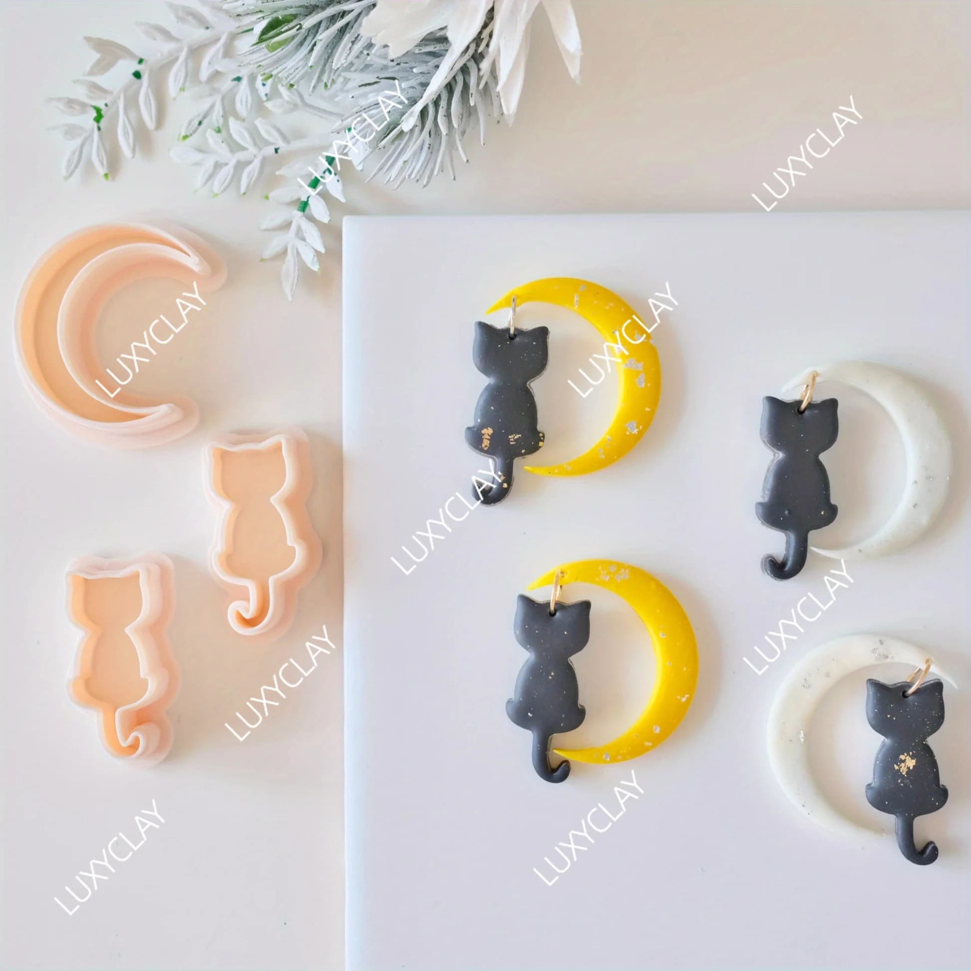 3pcs Crescent Moon & Cat Shape Polymer Clay Cutters Set, Halloween Themed Clay Molds for Jewelry Pendant & Earrings Making