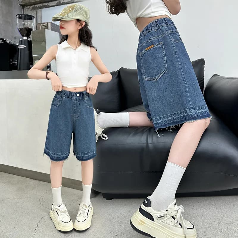 Pantaloncini Estivi in Denim per Bambini, Shorts al Ginocchio con Design Bordato per Ragazze Adolescenti, Jeans Corti alla Moda 4-14 Anni