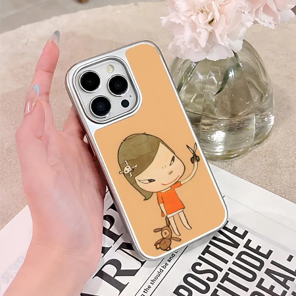 Cover per iPhone 17 16 15 14 13 12 11 Air Pro Max Plus con design Anime Yoshitomo Nara, placcata argento