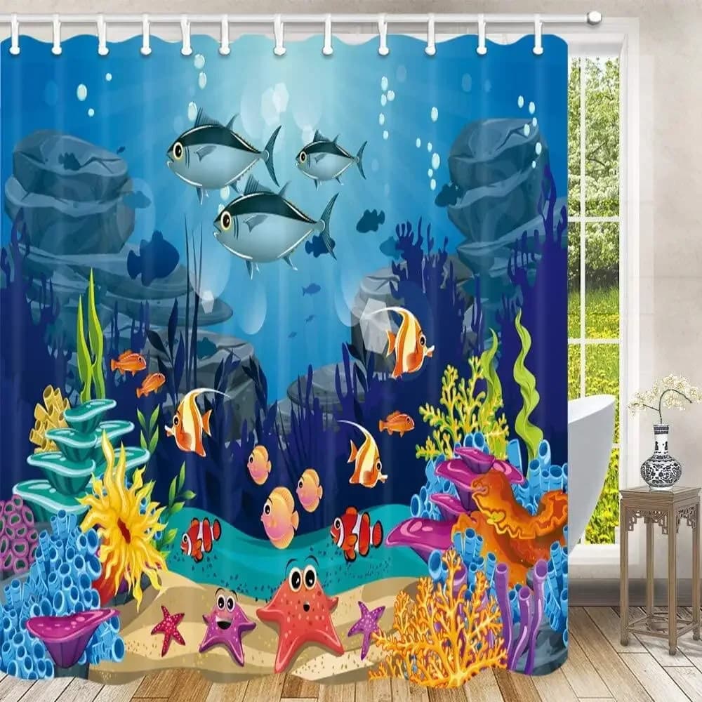 Blue Ocean Fish tende da doccia per bambini sotto il mare tartaruga tropicale Home vasca da bagno Decor Set di tende da bagno per bambini con ganci