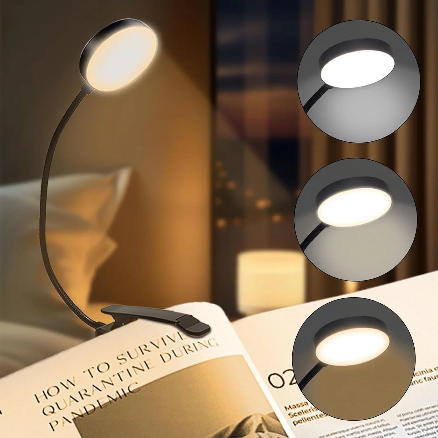 Lampada da Lettura USB Ricaricabile in 3 Colori, Luce Calda, Fredda e Diurna, Portatile, Flessibile, Facile da Agganciare, Lampada da Notte