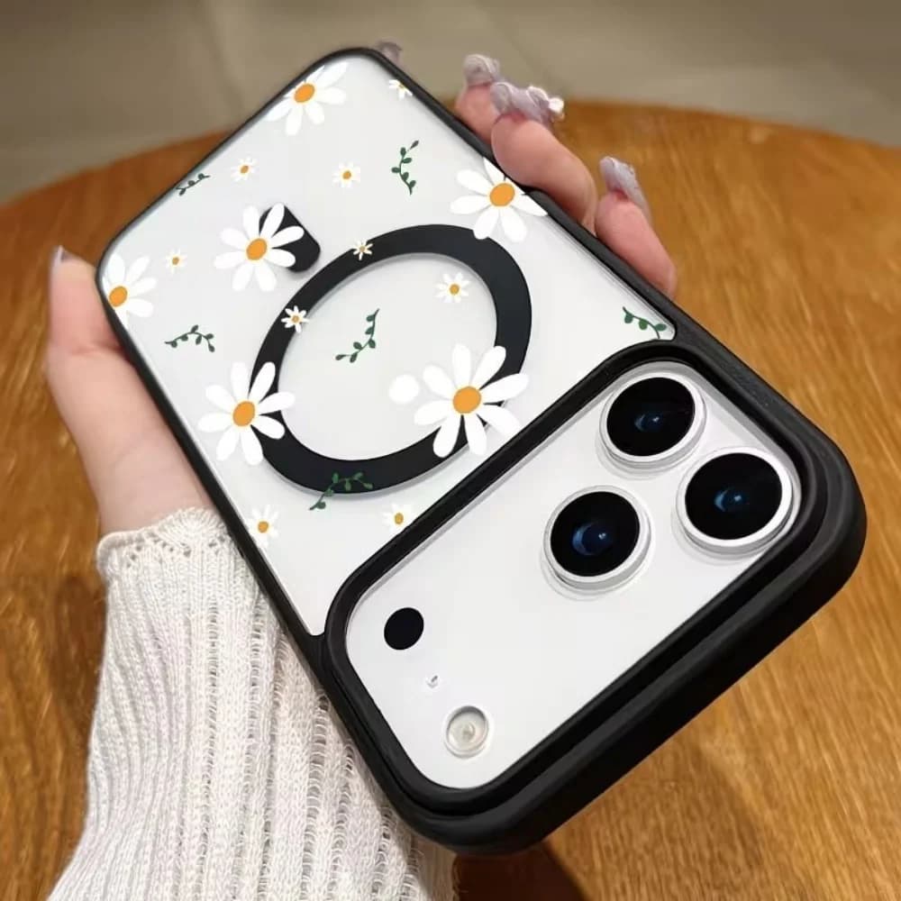 Cover Magnetica con Motivo Margherita Bianca Cartoon per iPhone 17 16 15 14 13 12 11 Pro Xs Max Plus Air Mini XR X 17e 16e