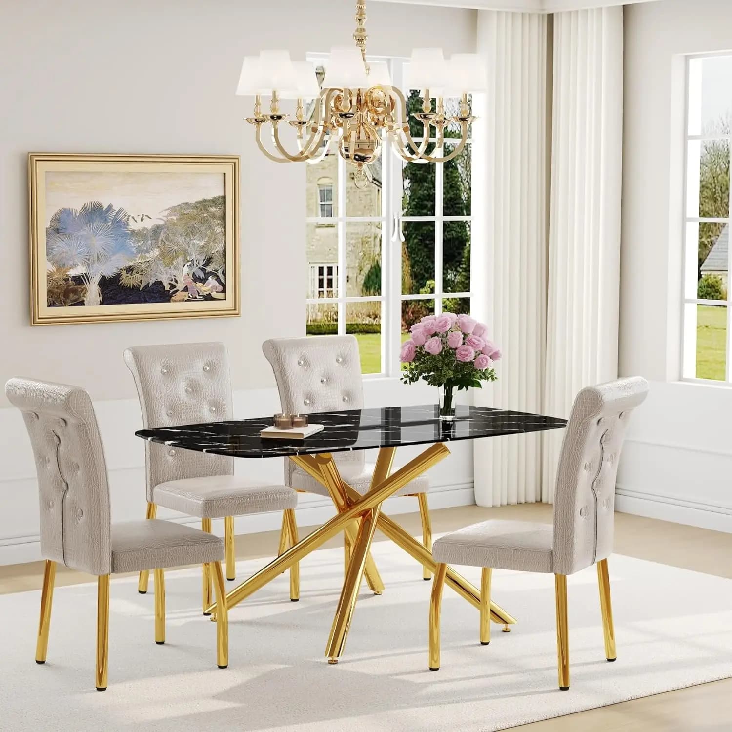 Set Tavolo da Pranzo Moderno per 4 Persone, Tavolo Nero da 160 cm con Gambe in Metallo Dorato, Rettangolare in Finto Marmo per Cucina, Personalizzabile