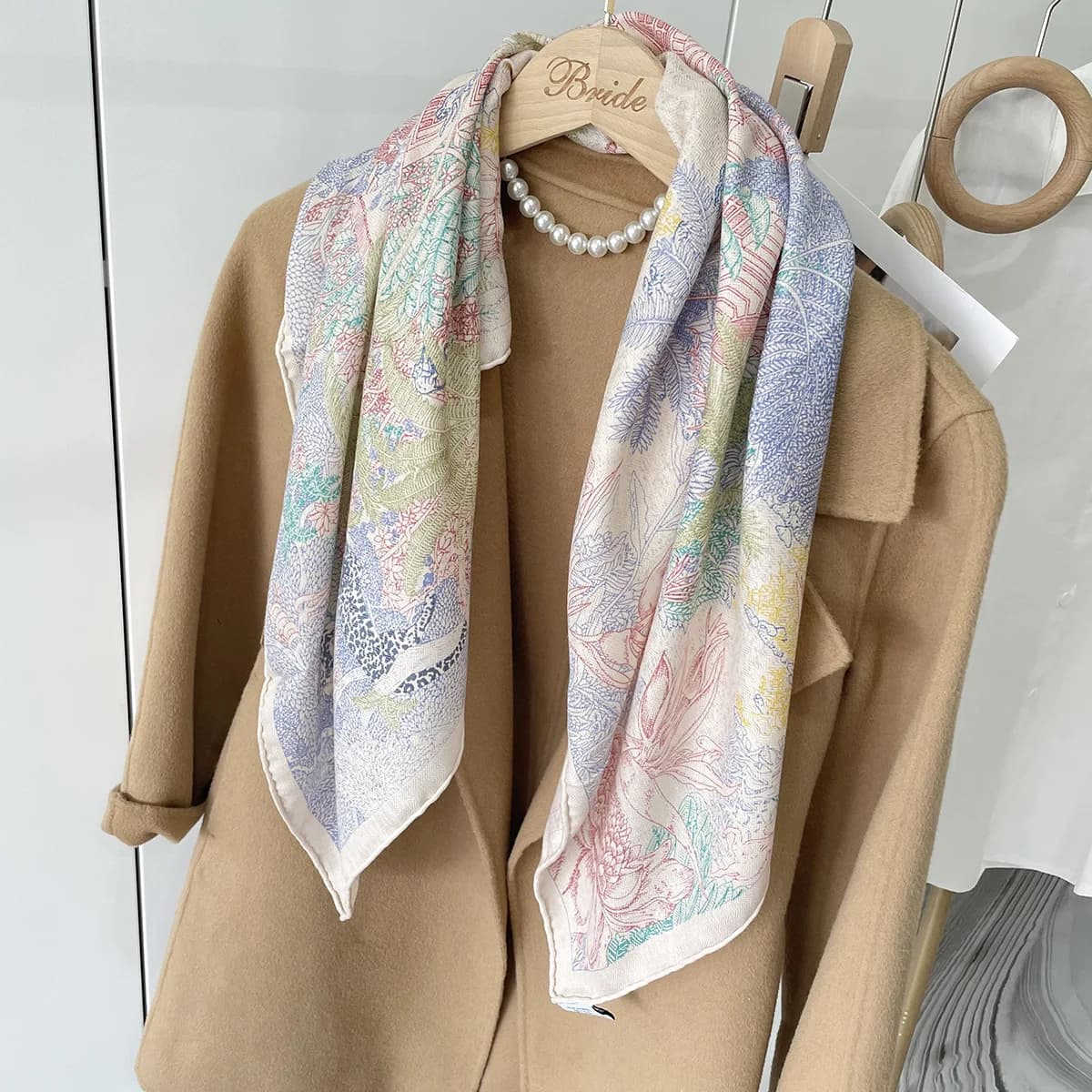 90cm Silk Wool Scarf Women's Neck Bag Bandane Winter Accessories Cashmere Scarves Luxury Shawls with Hand-rolled edges