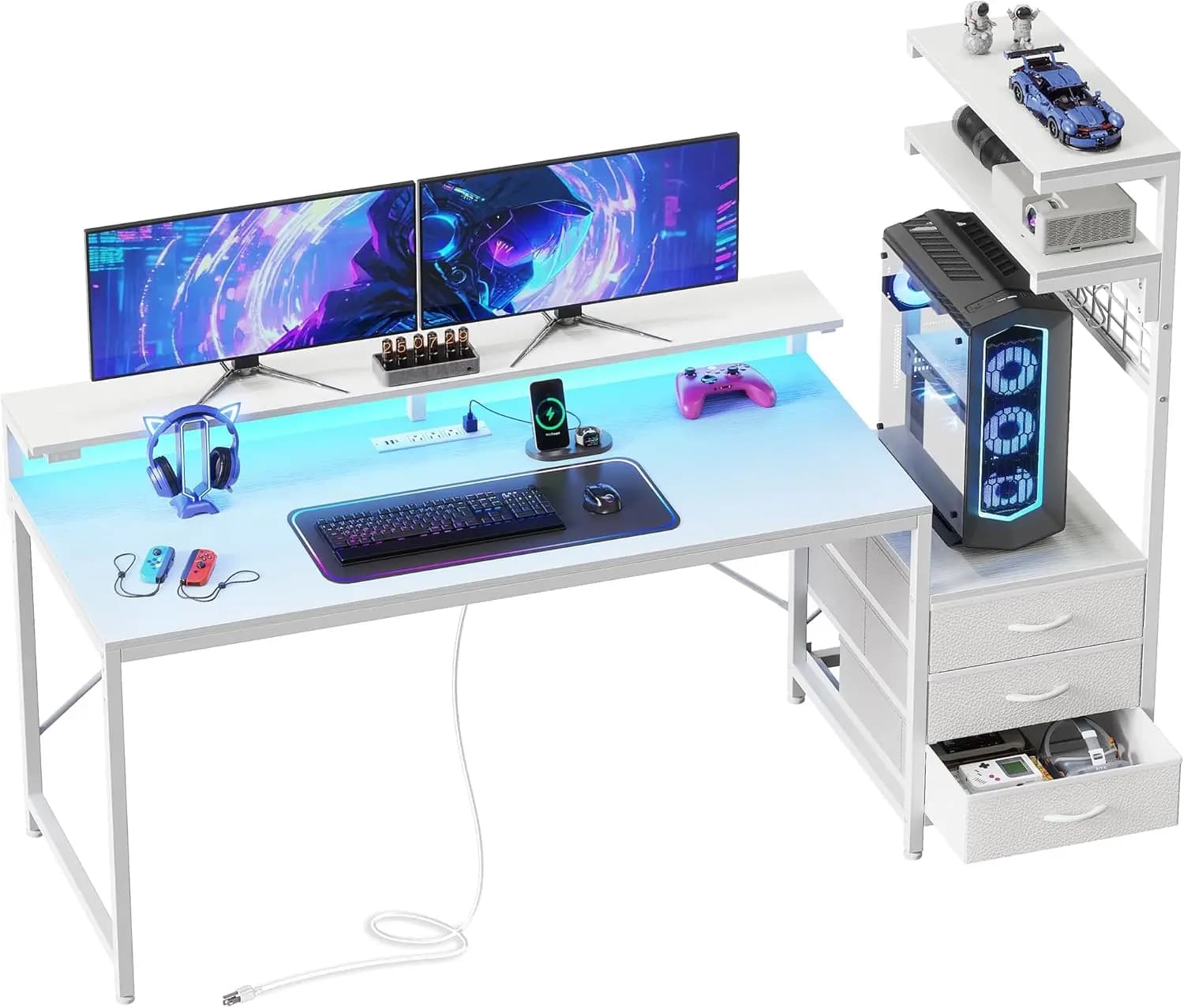 157 cm Gaming desk with LED lights, Current sockets, 3 Drawers and Monitor Adjustable Support - White