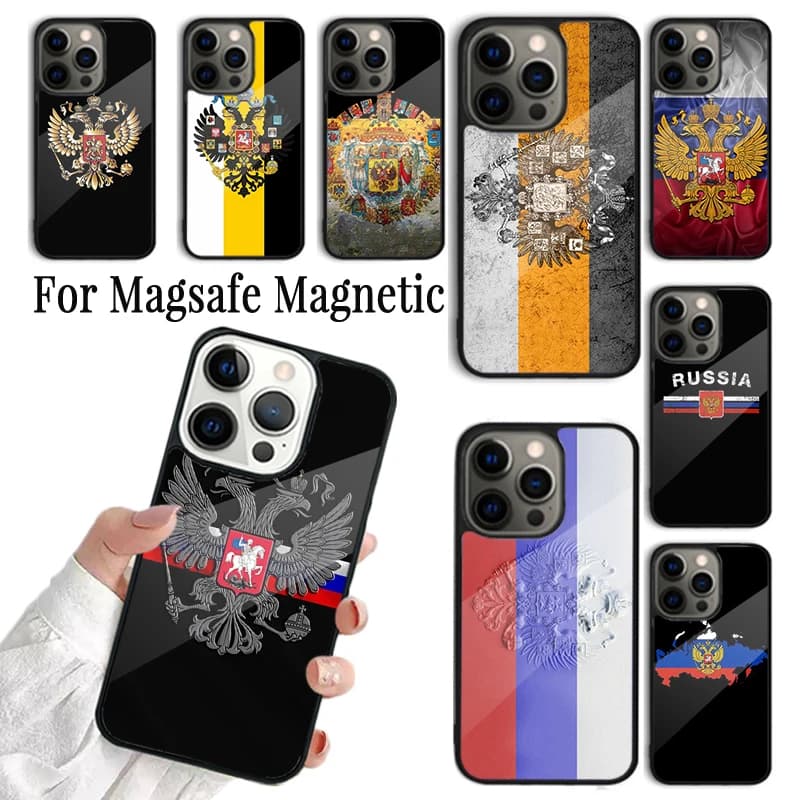 Cover per iPhone con Bandiera e Stemma Russo per iPhone 17 AIR 16 15 14 13 12 11 Pro Max Plus, Custodia Magnetica Wireless Magsafe