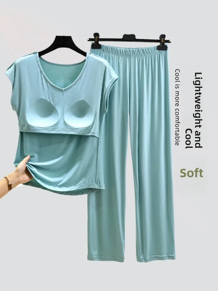Set Pigiama Estivo da Donna in Modal, Maglietta Senza Maniche con Imbottitura sul Petto e Pantaloni Lunghi, Comodo Abbigliamento da Casa e per Esterni