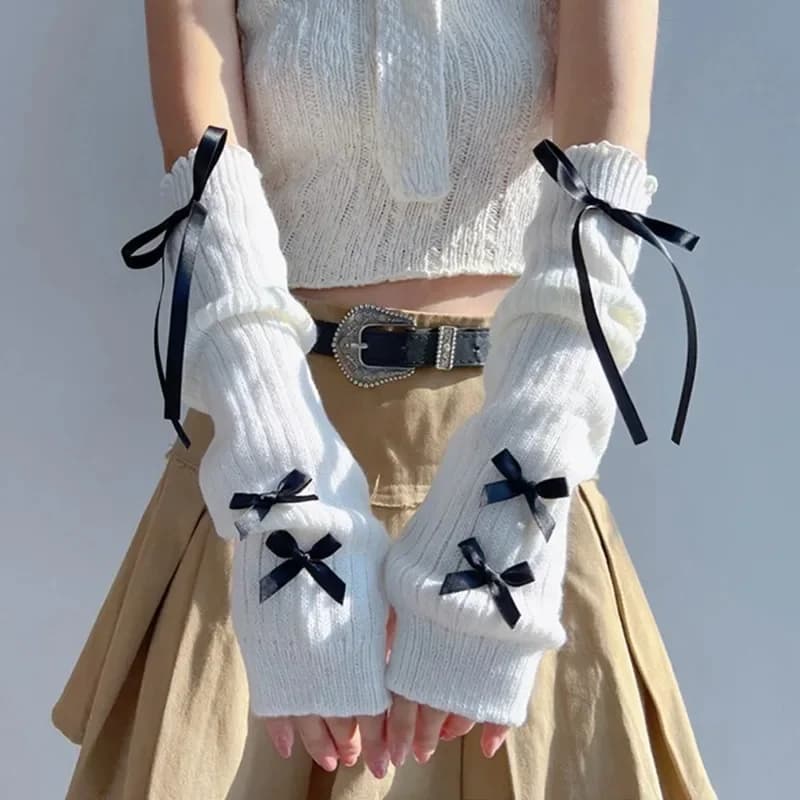 Scaldamuscoli moda femminile Y2K Bowknot Guanti morbidi lavorati a maglia Guanti mezze dita per ragazza da donna Maniche per braccio addensate tinta unita