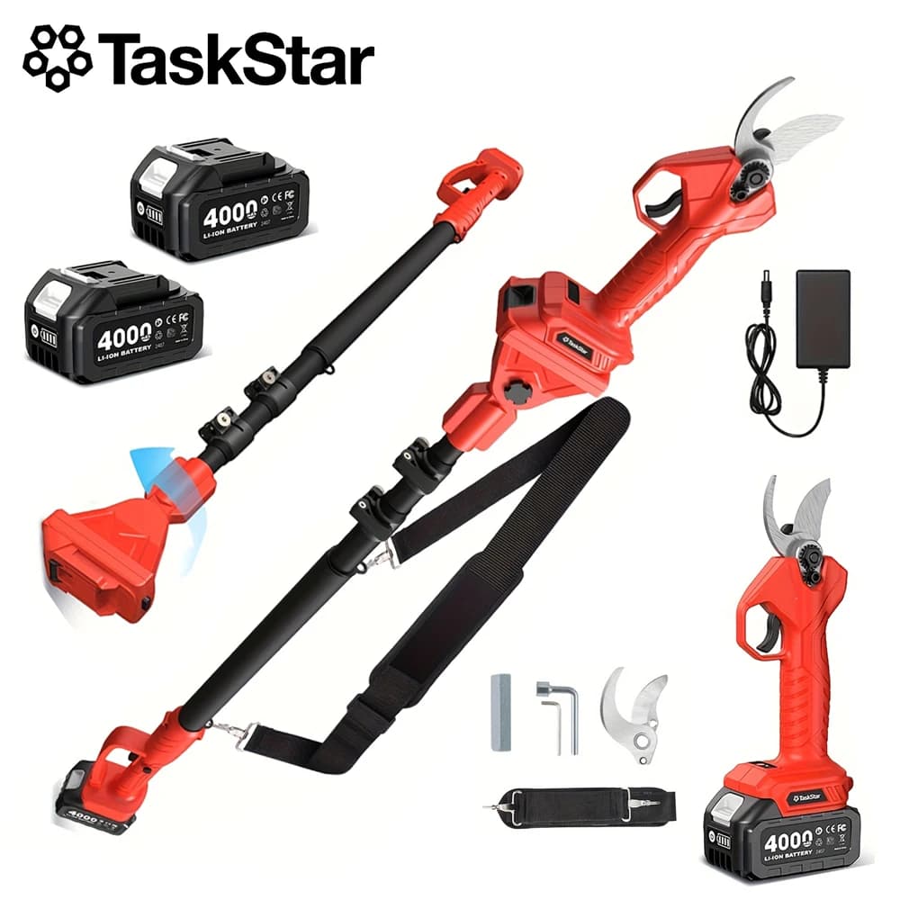2-in-1 TaskStar Power Electric Scissors with Telescopic Auction, Max 15 Feet, Garden Tool with 2 4.0Ah Batteries