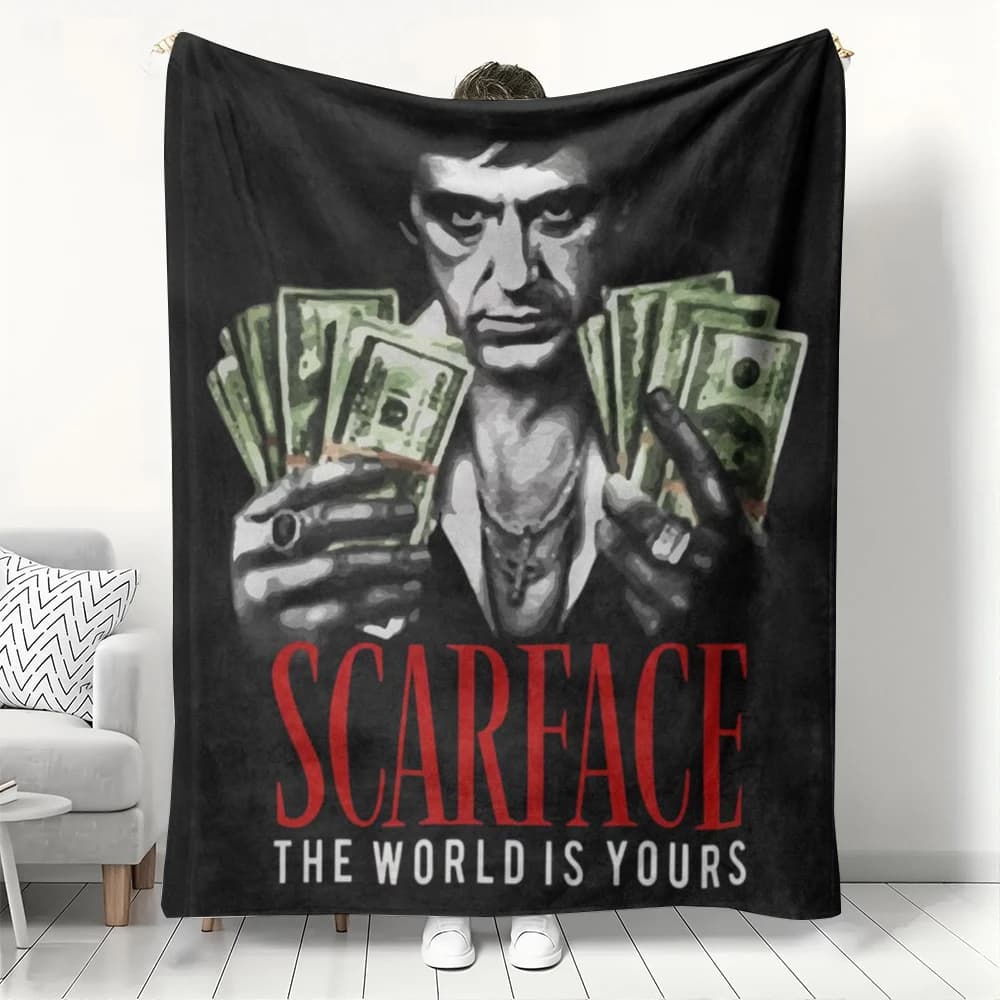 Coperta in flanella Scarface Tony Montana, plaid con scritta 'The World Is Yours', morbida e accogliente per fan del film classico, decorazione per la casa
