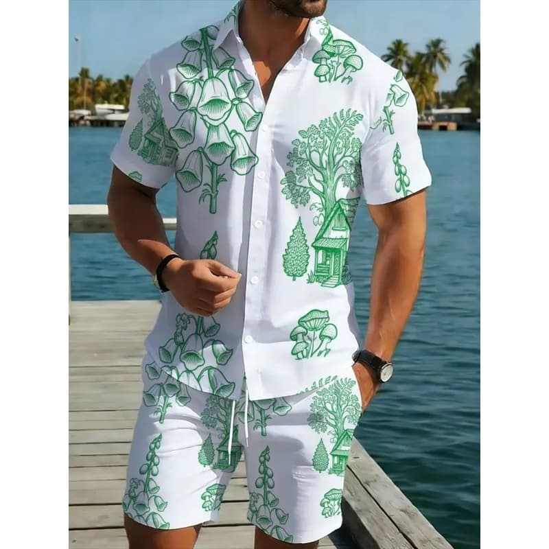 Men's Lightweight Polyester Beach Vacation Set White Green Floral Printed Short Sleeve Shirt & Shorts Summer Casual Outdoor