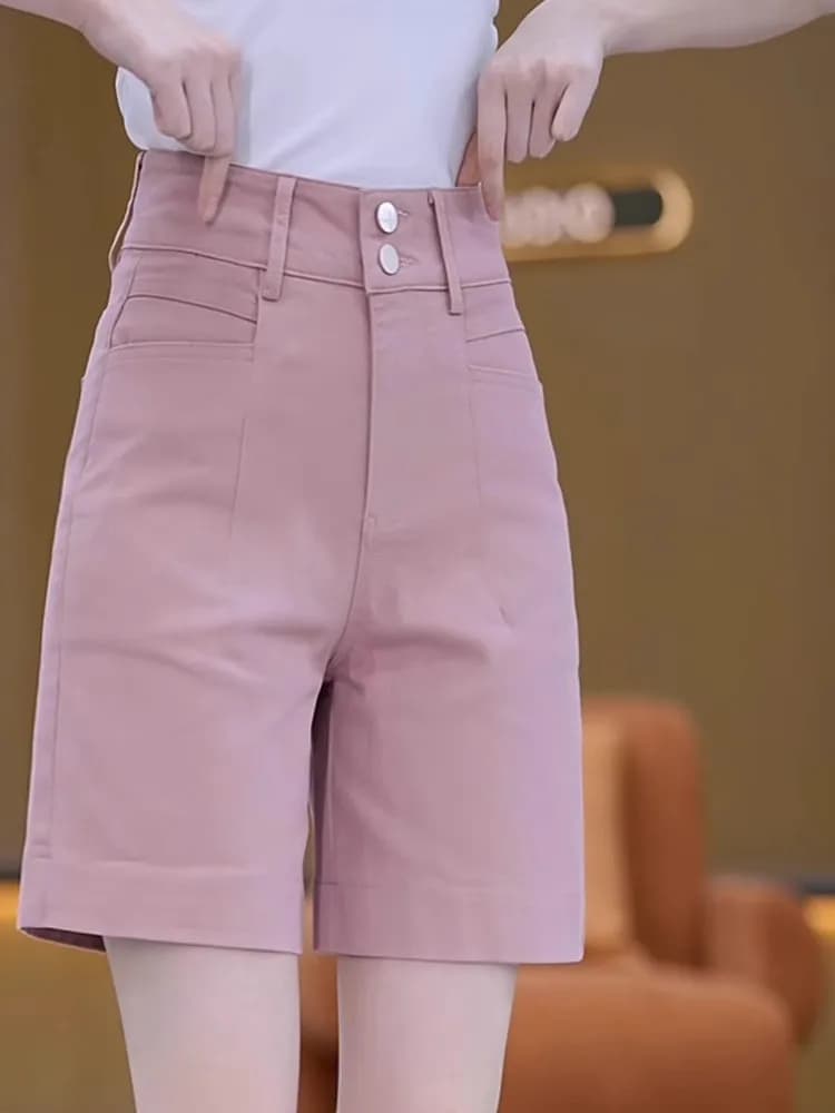 Jeans Corti Rosa a Vita Alta Modellanti Casual a Gamba Dritta a Trapezio da Donna, Nuovo Stile Estivo, Lunghezza Cinque Quarti, in Denim Morbido