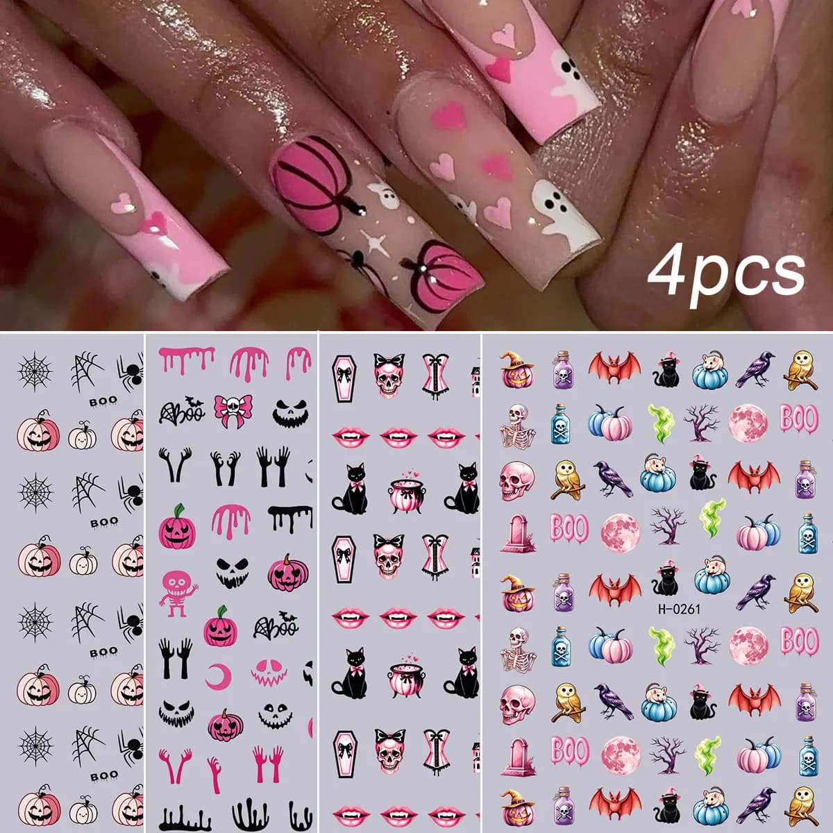 4 Sheets Cute Pink Halloween Nail Stickers 3D Pink Skull Pumpkin Mouth Cat Spider Nal Decals Self-adhesive Halloween Nail Slider