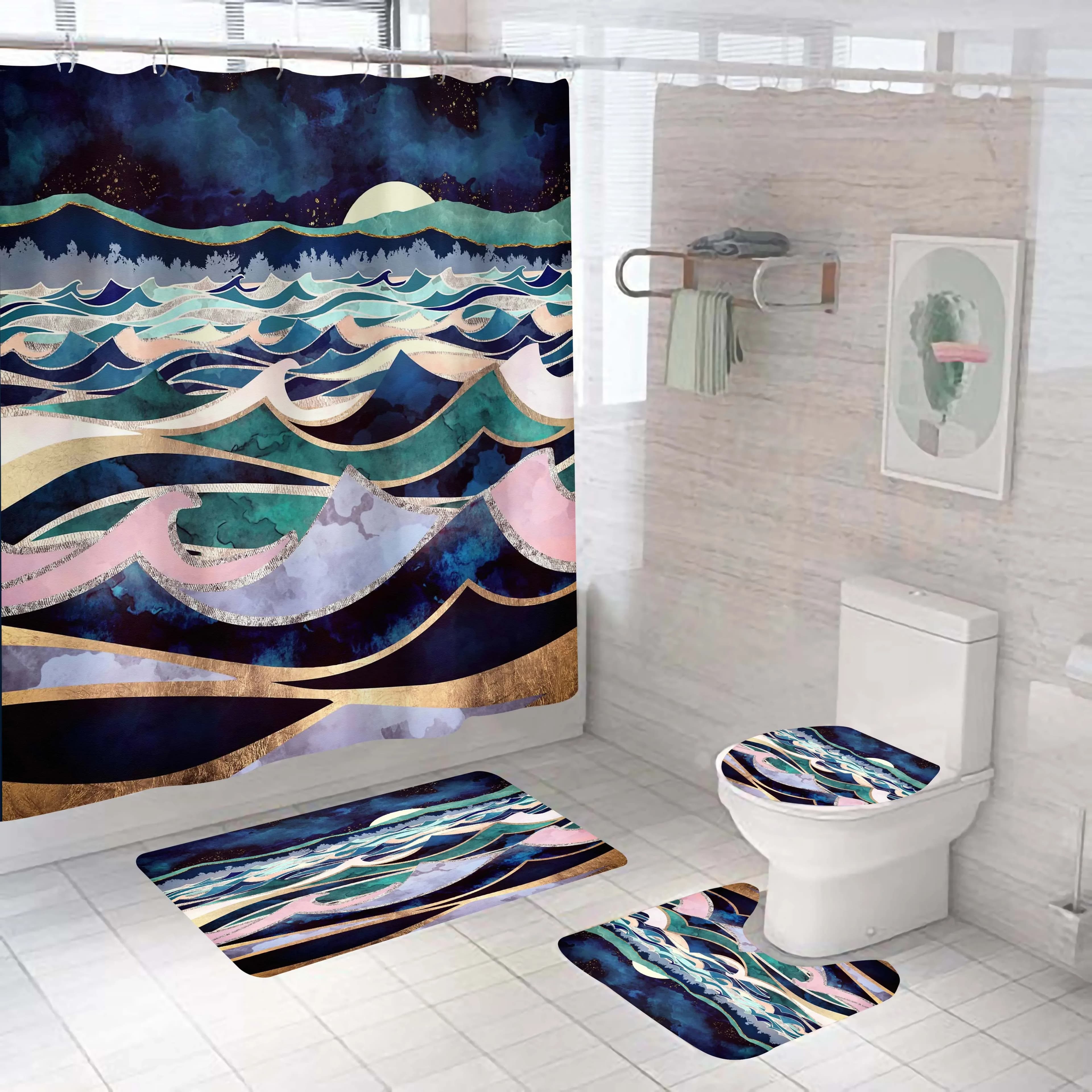 China-Made Eco-Friendly Cartoon 4-Piece Polyester Shower Curtain Set Coral Fleece Bathroom Mat Custom Color Stocked