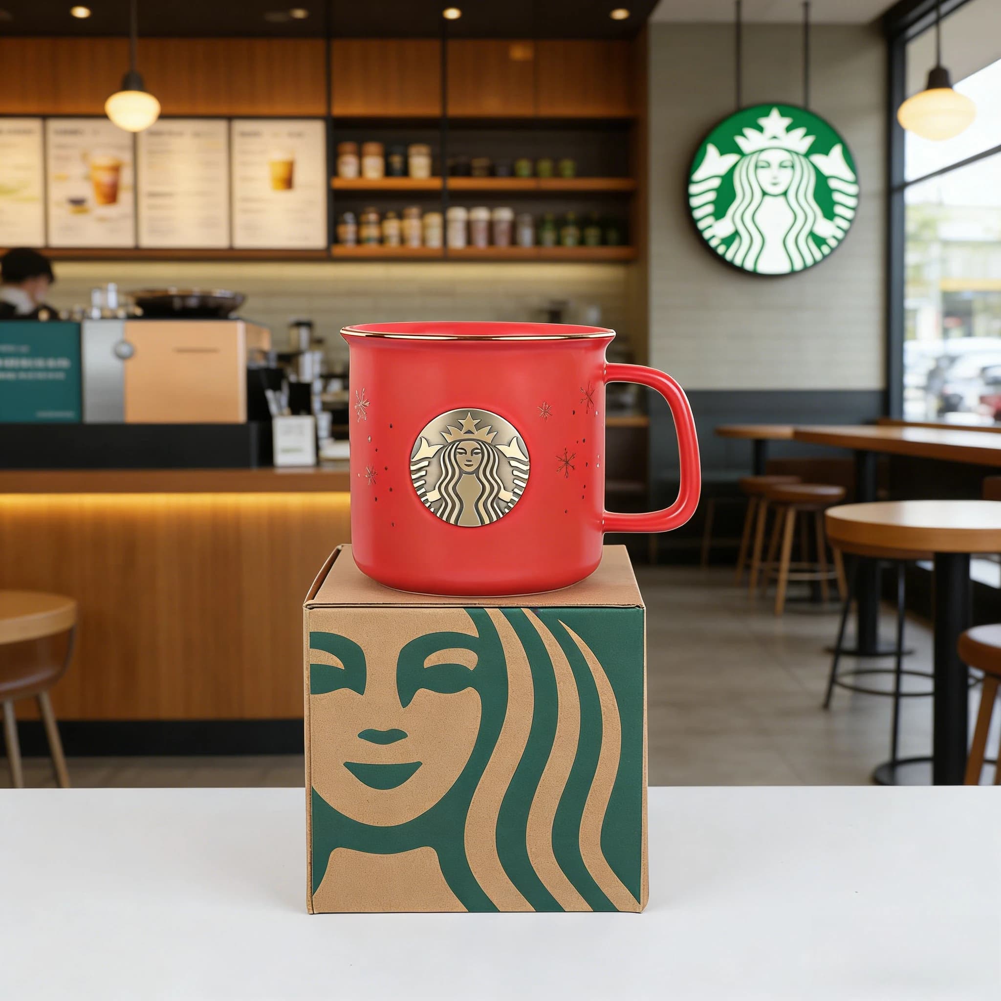 Tazza Starbucks con fiocco di neve rosso, badge natalizio in bronzo, regalo ideale per la famiglia e gli amici