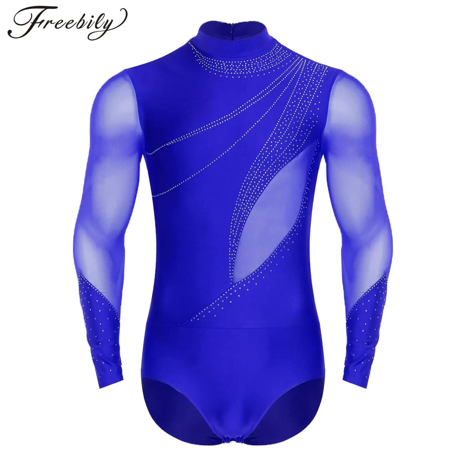 Costume da ballo latino per uomo Costume da pattinaggio di figura Body da balletto Ginnastica Performance Unitards Body in rete con strass lucidi