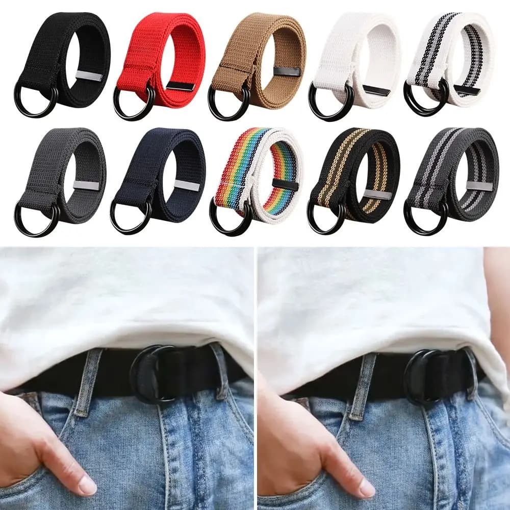 Uomo Donna Nylon Tela intrecciata Doppio anello Fibbia nera Jeans semplici e versatili Cintura di tendenza per studenti