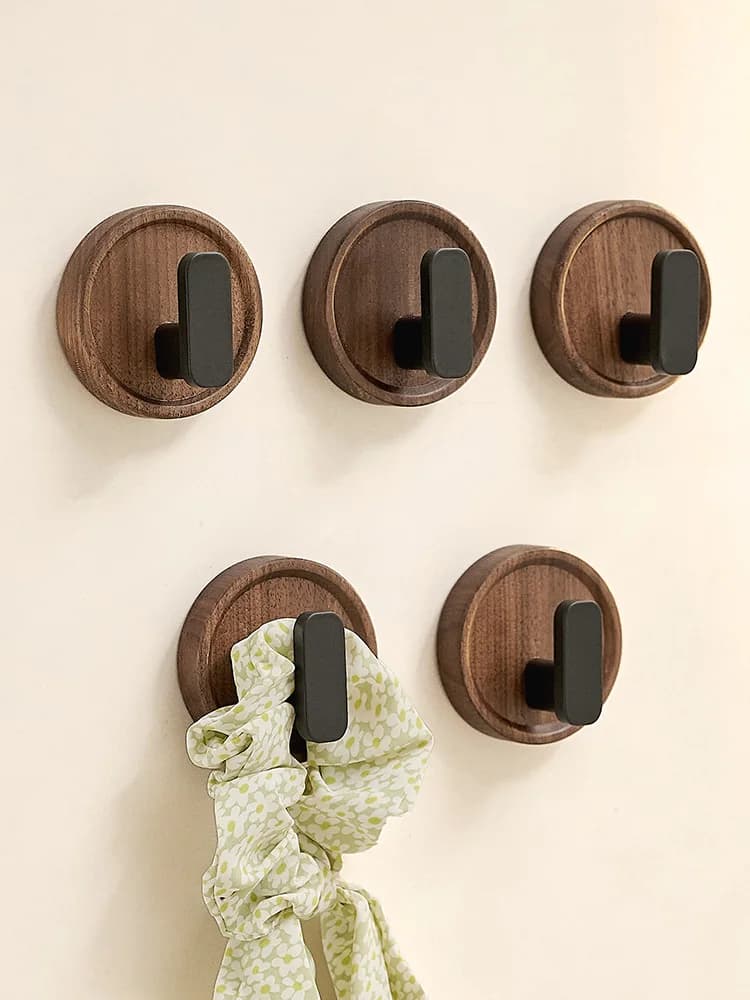 Walnut Wood Coat Rack Hooks Black Wall Hangers for Hanging Keys, Clothes, Bathroom Robe and Towels and Entryway， No Drilling