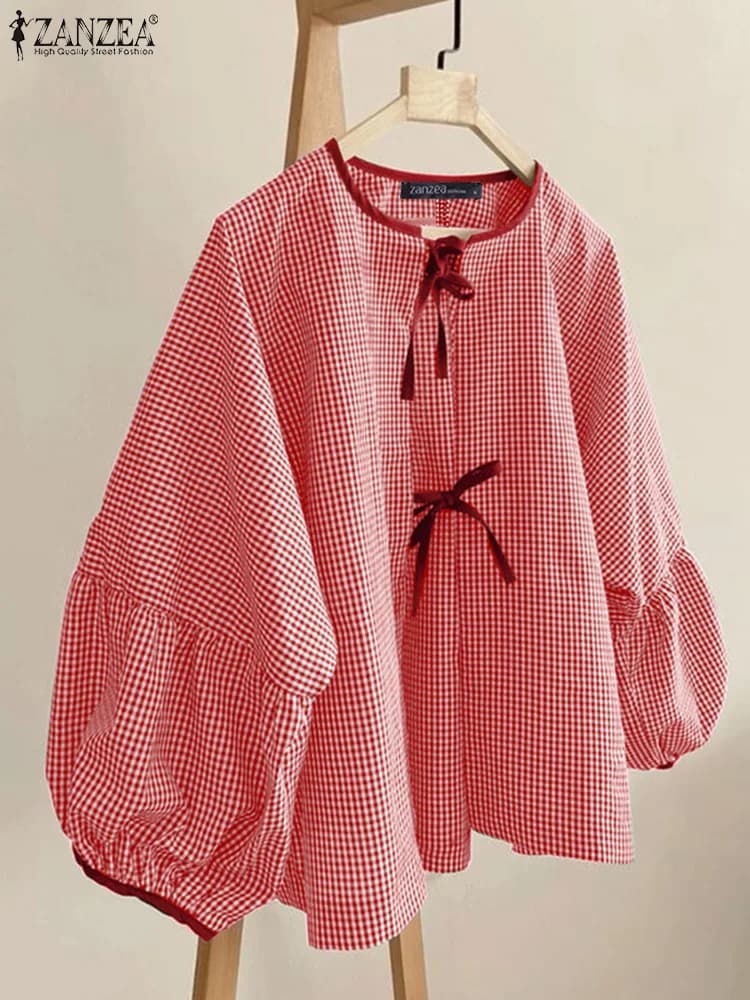 ZANZEA Women's Printed Shirt Shirts Fashionable Laces Holiday Sweety O-Colle Top Long Sleeved Casual Autumn 2024 Tunics with bow tie