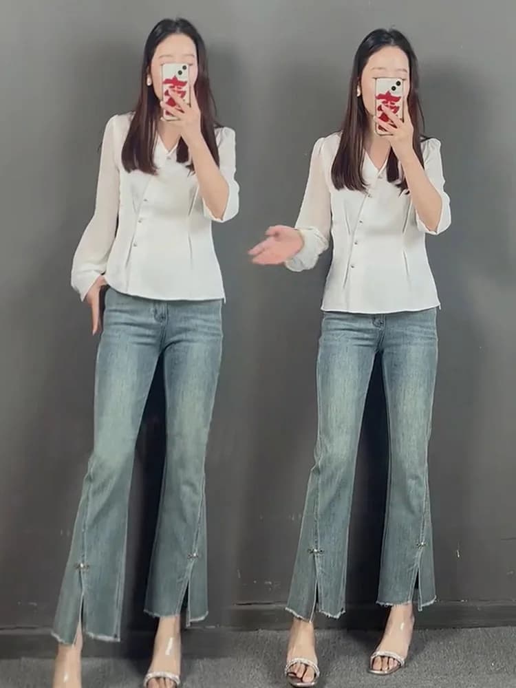 High Waist Nine-Tenths Flared Jeans Women's New 2024 Asymmetric Slimming Versatile Flared Jeans Summer Season Denim Blue