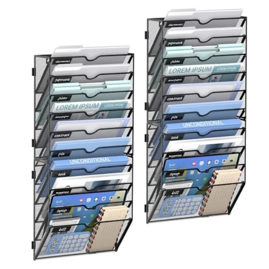 Organizzatore da Parete a 10 Livelli per Documenti, Porta Cartelle e Classificatore Postale in Metallo per Ufficio, Casa, Scuola, Nero, Confezione da 2