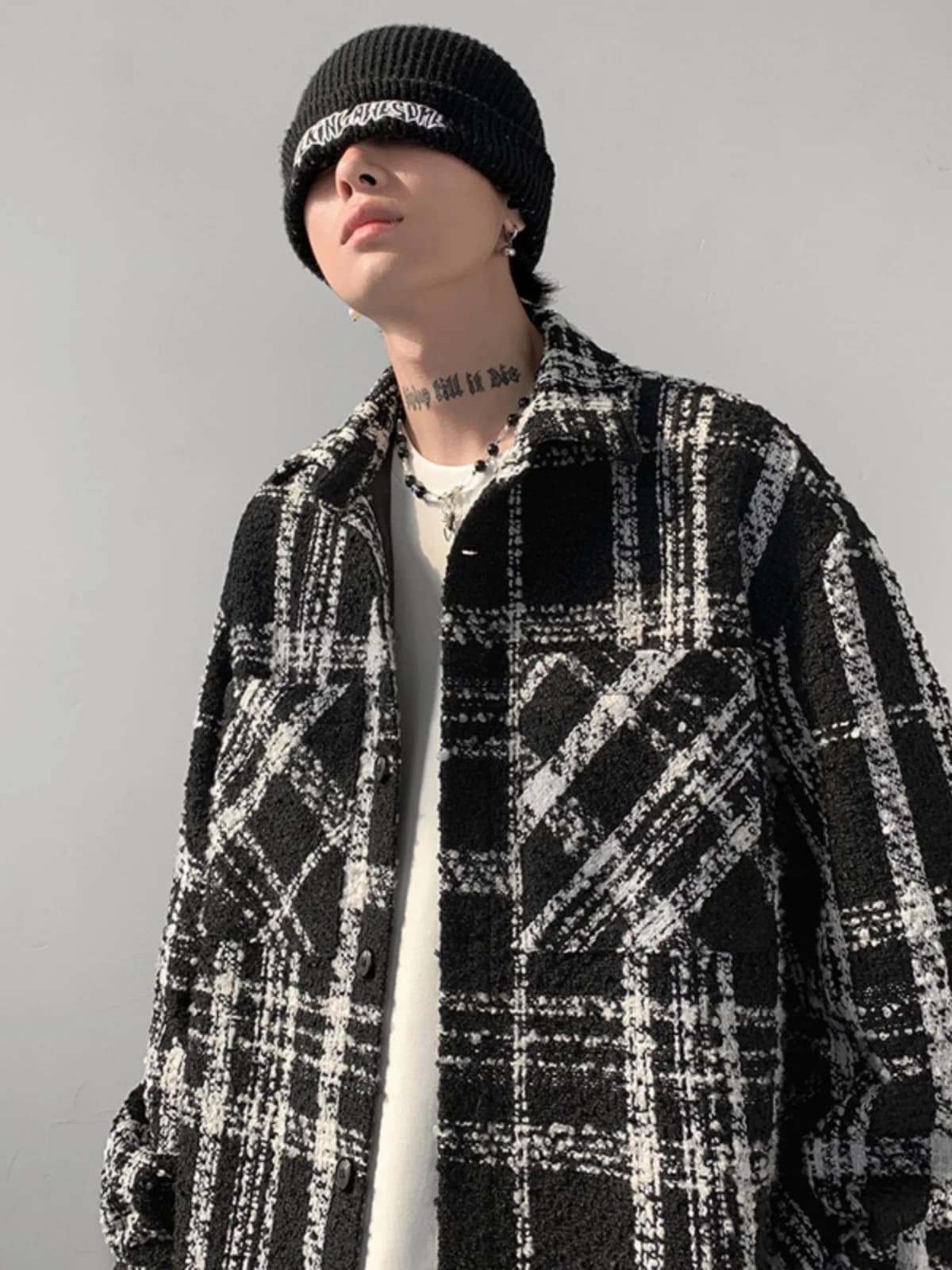 Giacca Trapuntata da Uomo a Quadri Bianco e Nero, Cappotto in Lana alla Moda Primaverile per Giovani, Capospalla per Coppie con Collo Alto e Maniche Lunghe