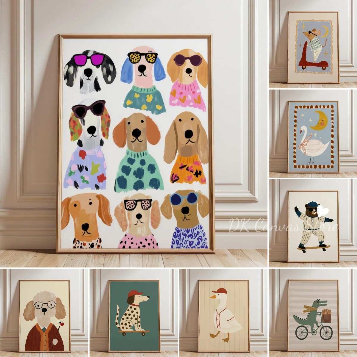 Poster su Tela con Animali Cartoonistici, Stampe Artistiche Divertenti di Cani su Skateboard, Decorazione Murale per Soggiorno e Cameretta