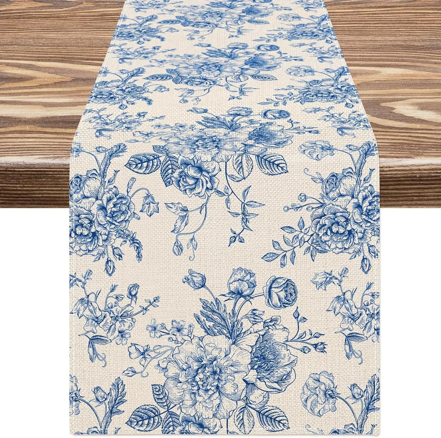 Chinoiserie Blue Flower Linen Table Runner Dresser Scarf Decor Reusable Kitchen Dining Table Runner Holiday Party Decorations