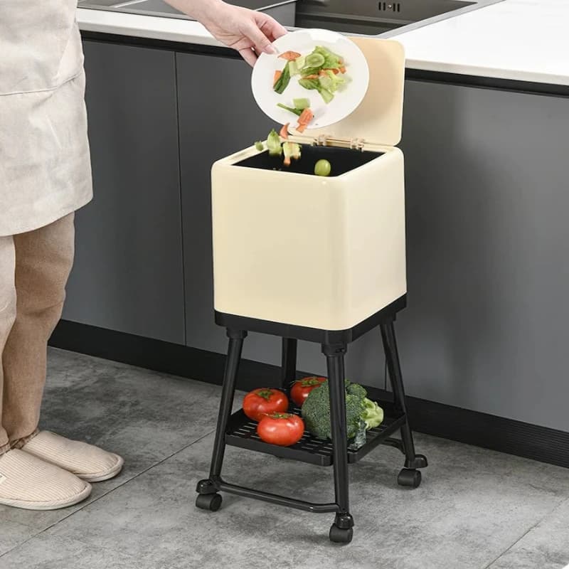 High-footed Trash Can with Wheels Kitchen Large Capacity Press-type Waste Bins with Bottom Storage Basket Cleaning Recycle Bin