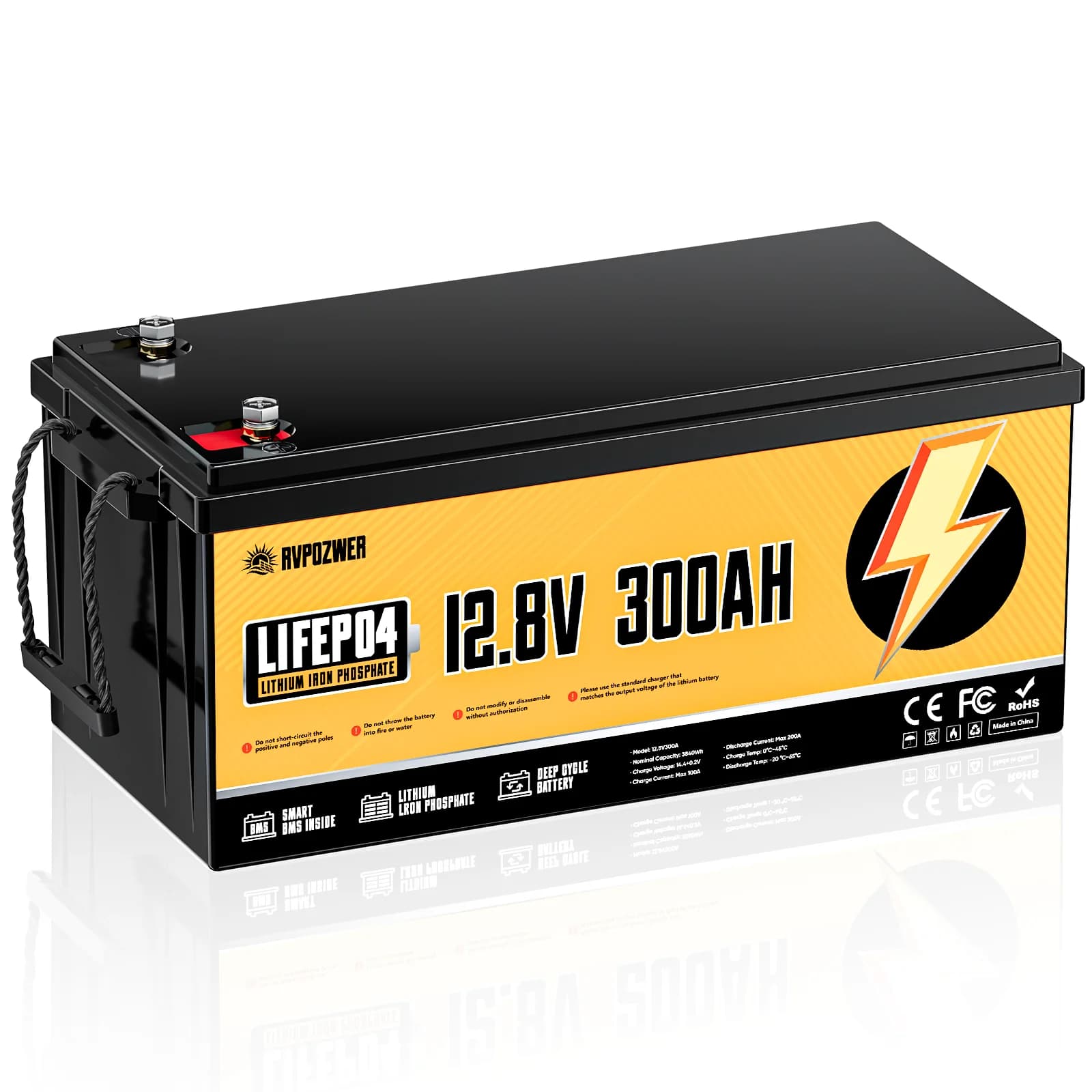Lithium Iron Battery LiFePO4 RVPOZWER 12V 300Ah with BMS, Portable 3840WH, 25000 Cycles, Solar Rechargeable for Camper and Boats