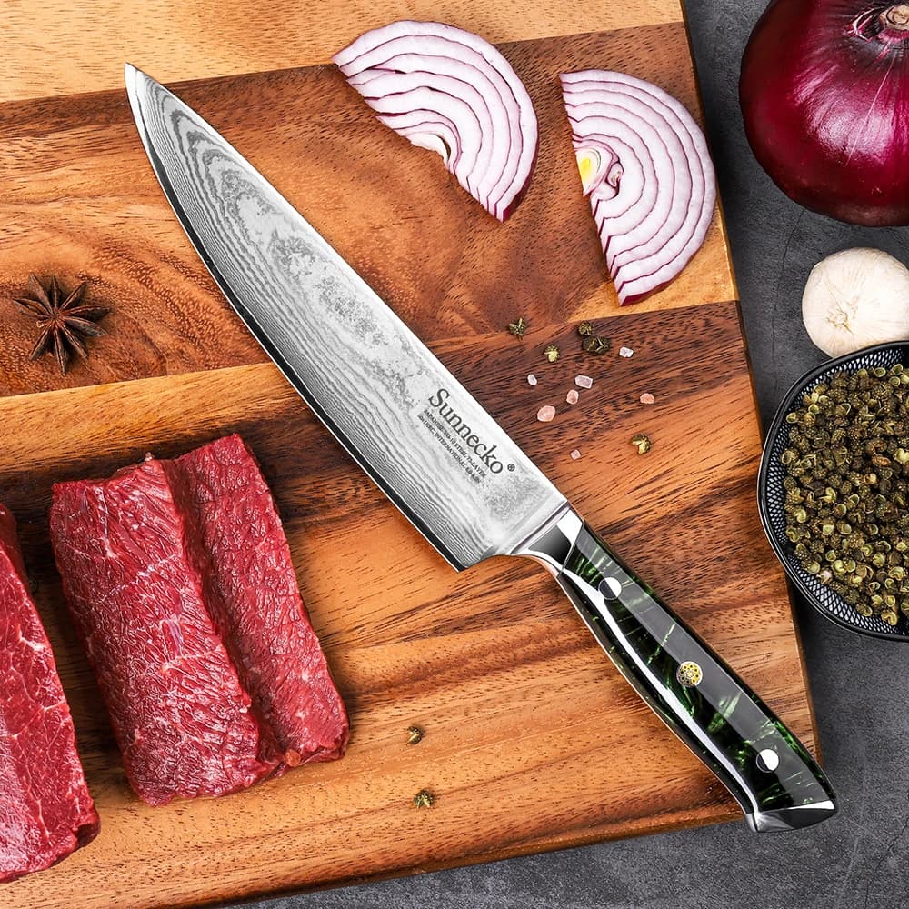 Sunnecko Coltello da chef in acciaio di Damasco 73 strati Affettatrice da cucina ad alto tenore di carbonio Utilità Verdure Affettatura di carne Manico in resina tagliata