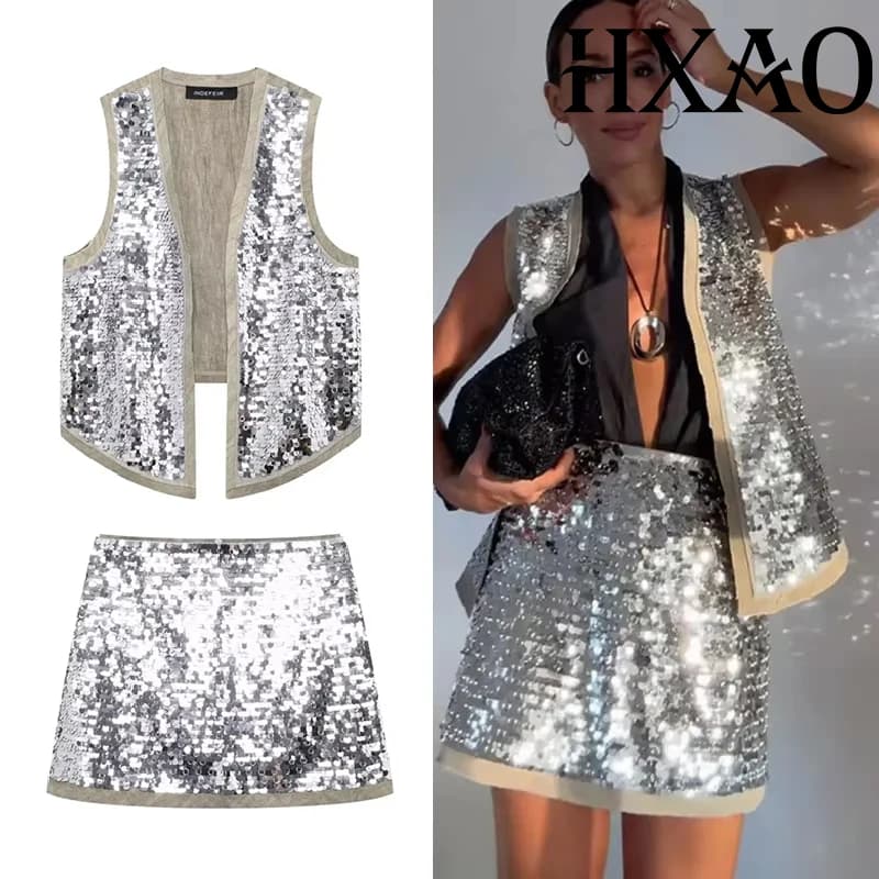 HXAO Minigonna con paillettes Set da donna 2 pezzi Cardigan Giacca senza maniche Donna Glitter Argento Set da due pezzi per le donne Estate 2024